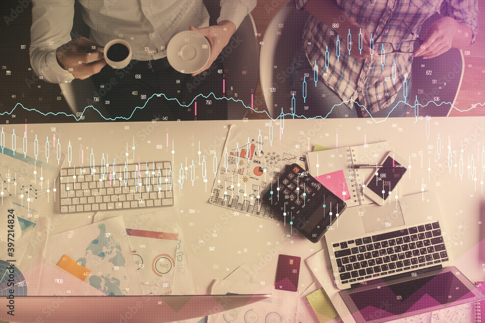 Poster double exposure of man and woman working together and financial chart hologram drawing. market analy