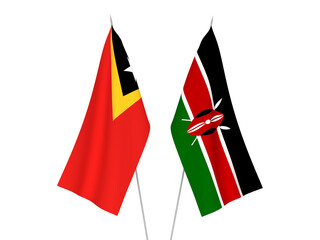 National fabric flags of Kenya and East Timor isolated on white background. 3d rendering illustration.
