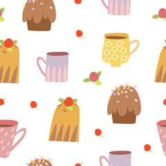 seamless pattern with tea mugs and desserts