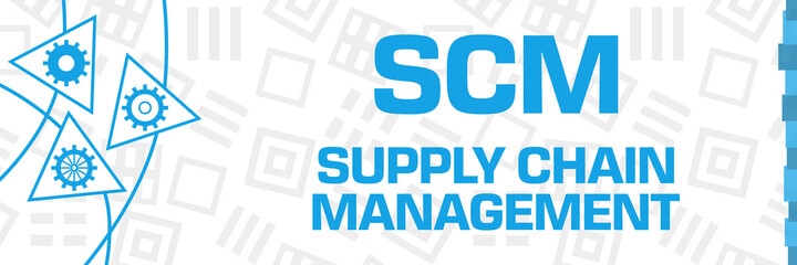 SCM - Supply Chain Management Gears Blue Curves Triangles Horizontal 