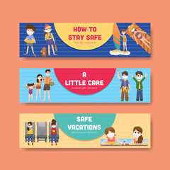 Banner template with COVID-19 prevention concept design for new normal lifestyle watercolor vector illustration.