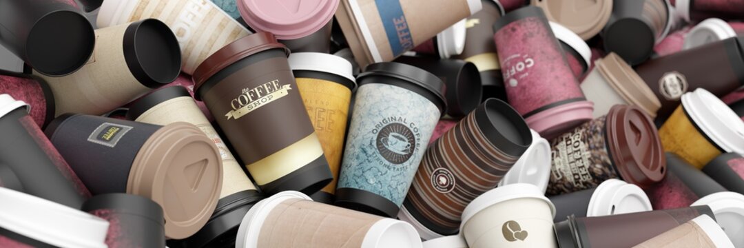 Viele To Go Kaffeebecher als Header Hintergrund