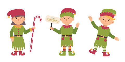 Collection of Christmas elves isolated on white background. Funny and joyful santa helper