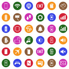 Mobile Phone Icons. White Flat Design In Circle. Vector Illustration.