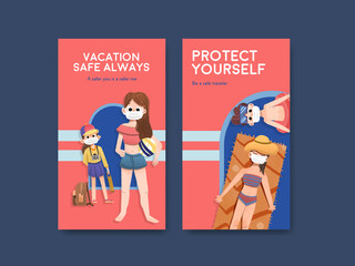 Instagram template with COVID-19 prevention concept design for new normal lifestyle watercolor vector illustration.