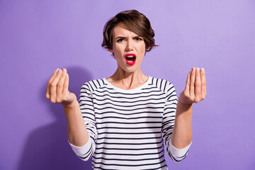 Portrait of displeased angry short hairdo girl yelling handful sign wear white pullover isolated over violet color background