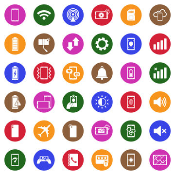 Mobile Phone Icons. White Flat Design In Circle. Vector Illustration.
