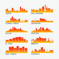 Texas, USA Skyline City Silhouette Design Collection. Vector Illustration Set Clip Art.