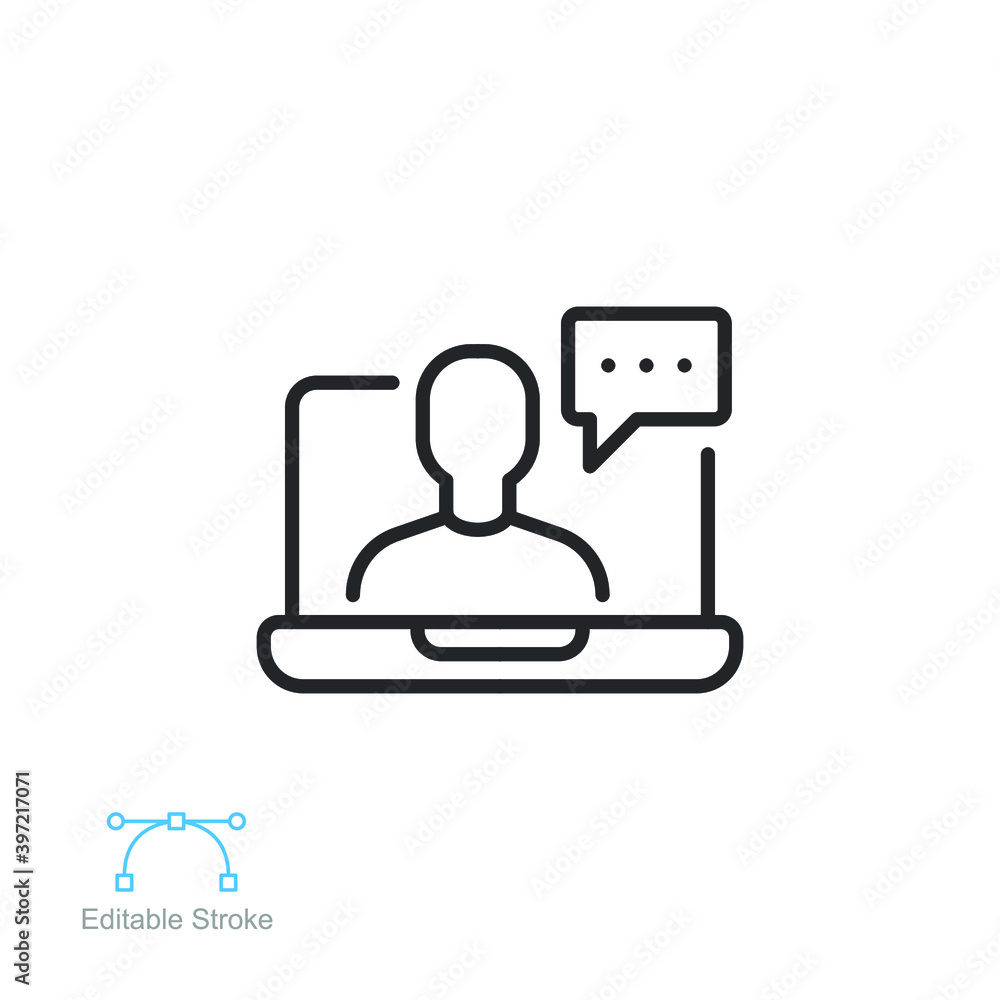 Aufkleber webinar online class line icon. monitor screen, user chat discussion for consulting virtual classroo