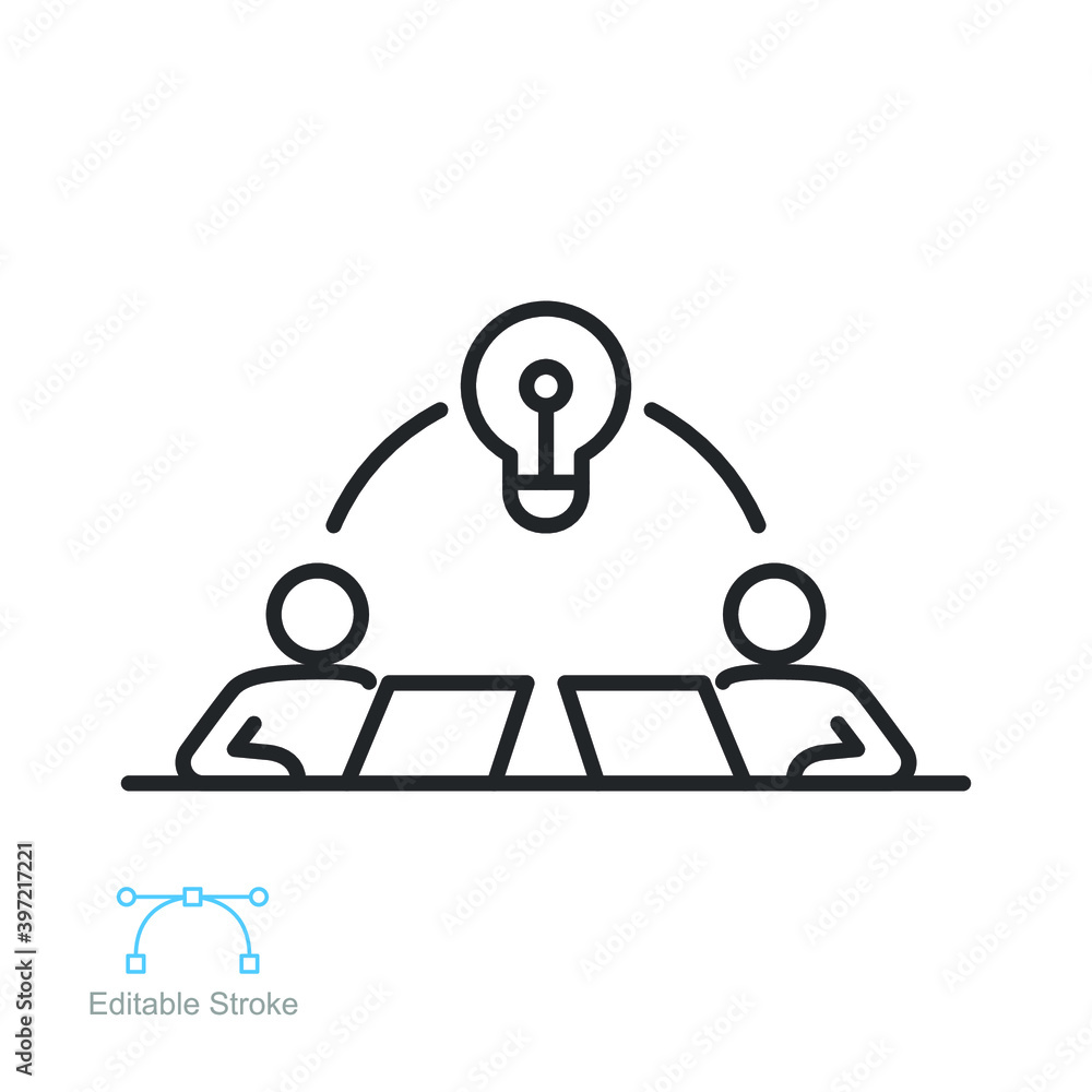 Poster startup hub connection outline icon. business people meetup team working on web development optimiza