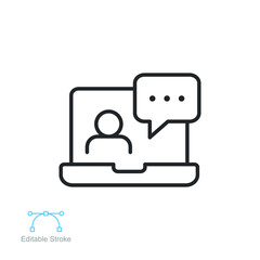 Webinar online class outline icon.   Online meeting education. Virtual learning course. Teacher talking on  class streaming player. Editable stroke vector illustration Design on white background EPS10