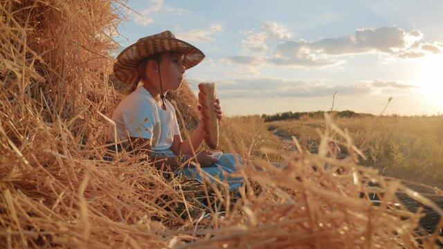 Hungry child eating bread in wheat field, summer outdoor lifestyle.