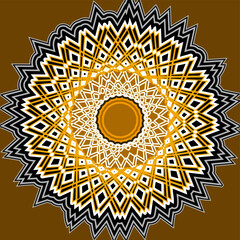 ornamental golden flower,  round, triangle patterns, vector graphic design, isolated on brown background