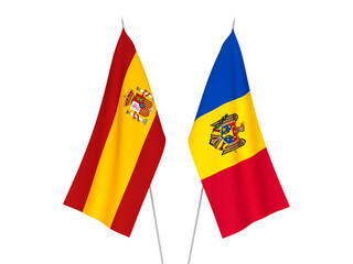 National fabric flags of Spain and Moldova isolated on white background. 3d rendering illustration.