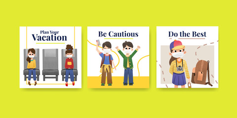 Advertise template with COVID-19 prevention concept design for new normal lifestyle watercolor vector illustration.