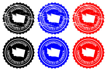Washington - rubber stamp - vector, Washington (United States of America) map pattern - sticker - black, blue and red 