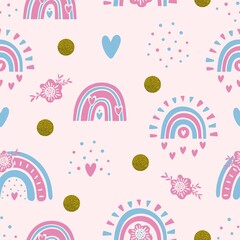 Vector seamless rainbow pattern on a gentle pink background. Rainbows, hearts, golden shining circles design for printing on textiles, packaging, wallpaper, paper.