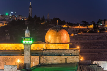 Night view of Siliver dome of Al-Aqsa Mosque , built on top of the Temple Mount, known as Haram...