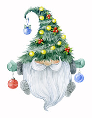Christmas fancy gnome with Christmas tree, garland and balloons. Watercolor illustration.