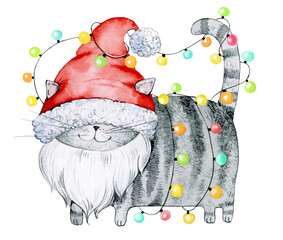 Watercolor illustration. Christmas cat in a hat and beard entangled in a garland with light bulbs.