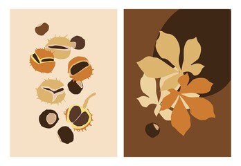 Set of posters with chestnut fruits and leaves in vintage boho style. Natural aesthetics drawn by cut-out shapes. Covers for notebooks, postcards in the style of hugge. Flat vector illustration