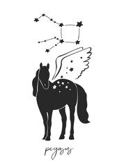 Silhouette of a black horse with wings and a constellation isolated on white background. Decorative Pegasus for decoration, postcards, posters, covers. Celestial mystical symbol. Vector illustration.