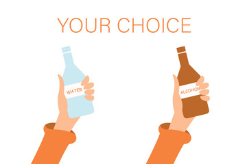 Concept of a healthy lifestyle. Your choice. Being healthy or drinking. Vector illustration in flat style.