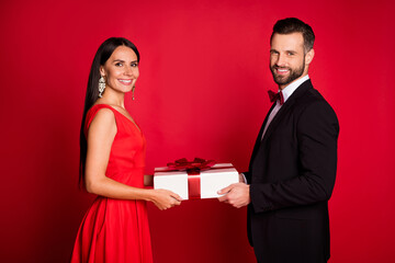 Profile photo of nice optimistic couple hold present wear suit dress isolated on red color background