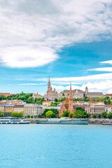 Europe Hungary Budapest. Cityscape photo. Buda castle and Danube river. Colorful classical hungarian buildings and houses