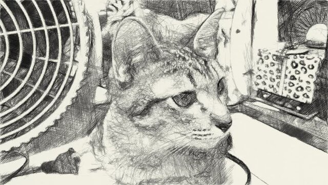 art drawing black and white of cute tabby cat