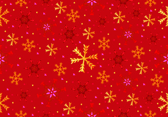 Red-orange gradient snowflakes on a red background. Seamless patterns. Vector illustration.