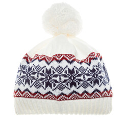 Knitted winter bobble hat with nordic geometric ornament isolated on white