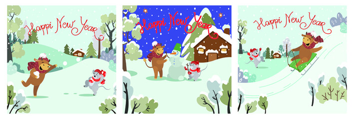 2021,Vector illustration, congratulations,the mouse is a symbol of 2020,the bull is a symbol of 2021,frolic against the background of a winter forest,mold a snowman,sledding,inscription Happy New Year