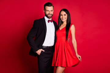 Photo of pretty couple hug wear suit dress isolated on red color background