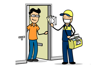 Postbote stellt Post mit Mundschutz an Wohnung mit jungem Mann zu