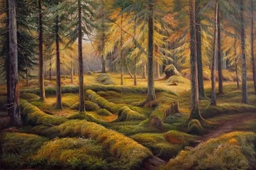 Papier Peint photo Lavable Gris 2 Oil painting landscape summer forest