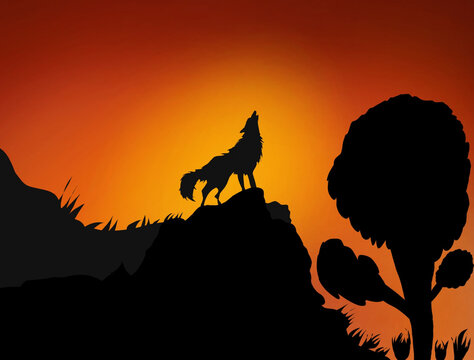 beautifull illistrated silhouette of wolf shouting on the night .