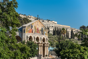 Naklejka premium Church of all nations, or Basilica of the Agony, a Roman Catholic church located on the Mount of Olives in Jerusalem, next to the Garden of Gethsemane, and valley of Kidron, Jerusalem, Israel.