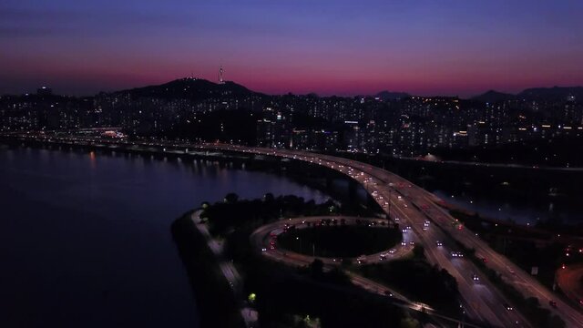 Twilight of seoul at han river in south korea.Aerial view