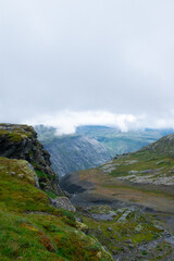 Foggy scenery of Trolltunga Hike, Hordaland, Beautiful fjords in Norway, on the way to Trolltunga
