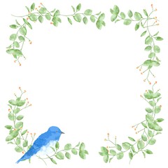 優しいタッチの幸せを運ぶ青い鳥とユーカリのフレーム