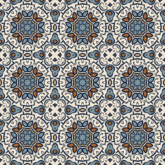 Bright color creative trendy  abstract geometric mandala pattern white gray blue orange, vector seamless, can be used for printing onto fabric, interior, design, textile