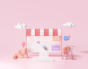 3D online shopping on web page concept. online store, 3d render illustration