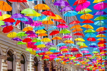 Fototapeta na wymiar Decoration with hanging umbrellas