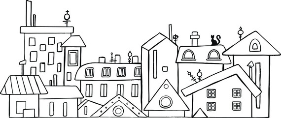 Vector City, Town and Countryside Illustration in Linear Style - buildings, skyscraper, church, factory, barn. Thin line art icons. Vector illustration