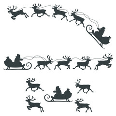 Santa Claus on a sleigh drawn by reindeer, silhouette, drawing hands isolated on a white background. For New year or Christmas card designs, greetings, etc.