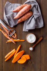 Flat lay of sweet potatoes - yams vegetables, top view