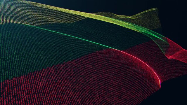 3d render. Lithuania digital flag with binary code texture flies in the wind. Seamless loop.