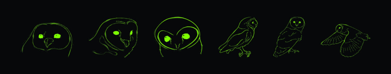 set of barn owl cartoon icon design template with various models. vector illustration isolated on black background