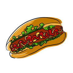 Classic hot dog with green salad, ketchup and mustard, vector. EPS